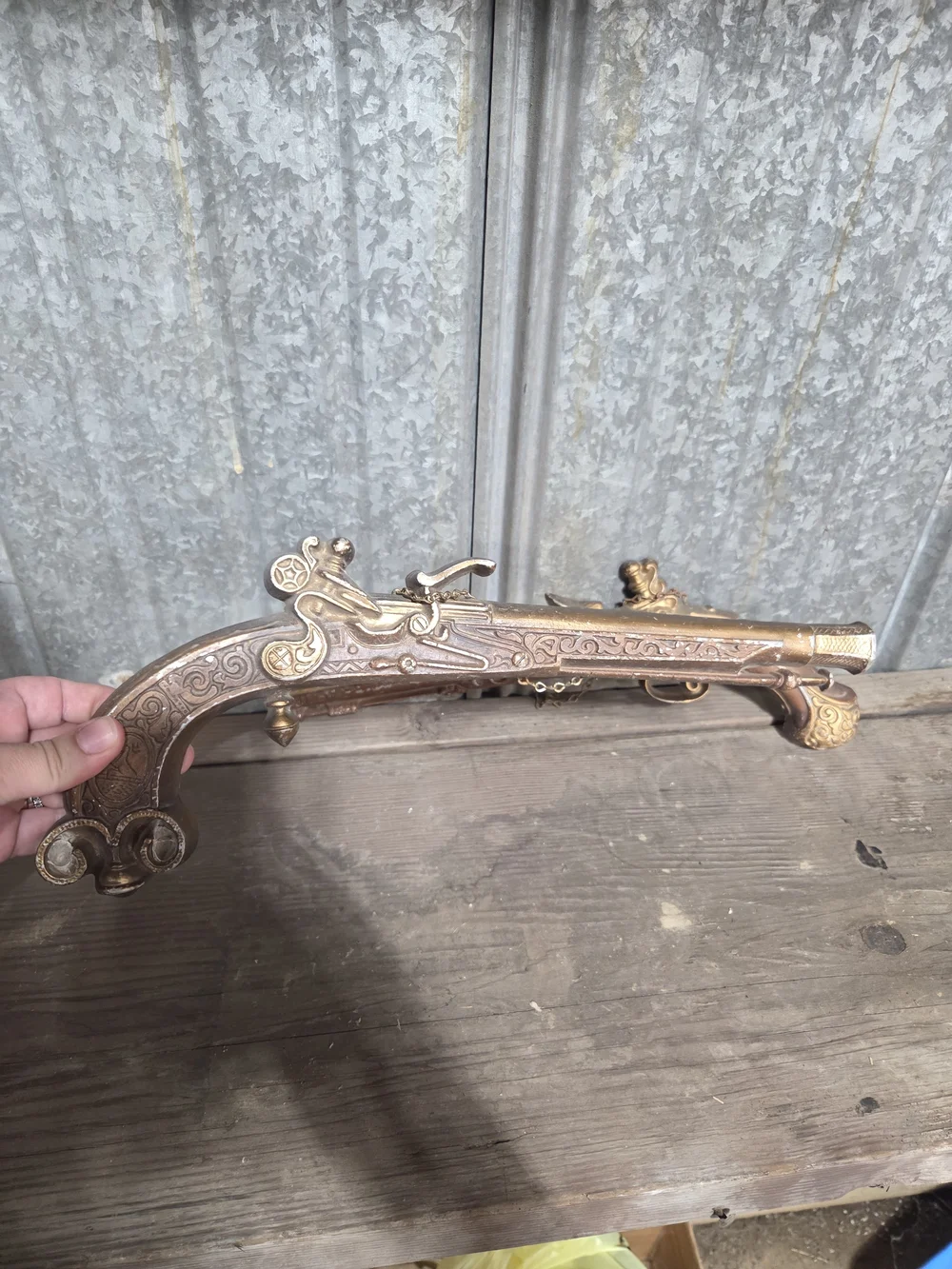 Ornate Decorative Flintlock-Style Wall Pistol in Brass Tone